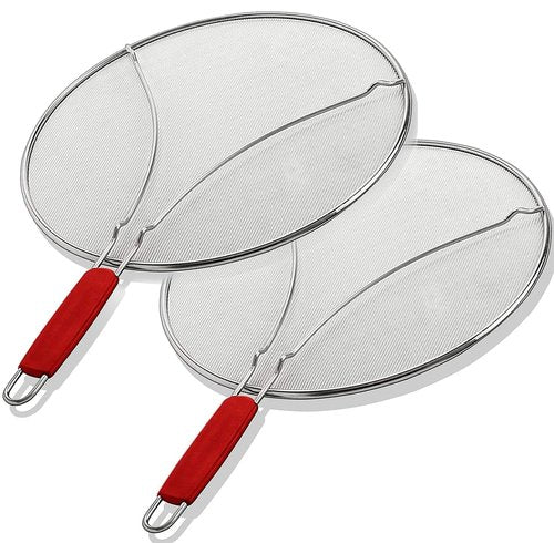 ALPHA LIVING 2 Pack Splatter Guard for Frying Pan & Food Strainer and Universal Cookware 13" - Stops Hot Oil Splash - RED Handle - Splatter Screen for Cooking - Alpha Living