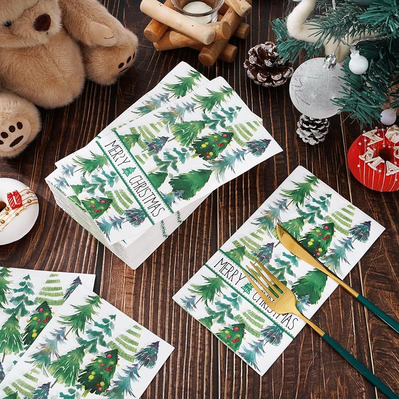 Green Christmas Tree Napkins 80 Pcs 4.3x7.8in Folded 13x15.7in Unfolded - 3-Ply Guest Paper Party Napkins