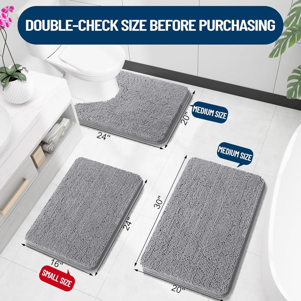 OLANLY Chenille Bath Rug & Shower Curtain Set - 30x20 in Grey & 72x72 in Black/Grey Bundle