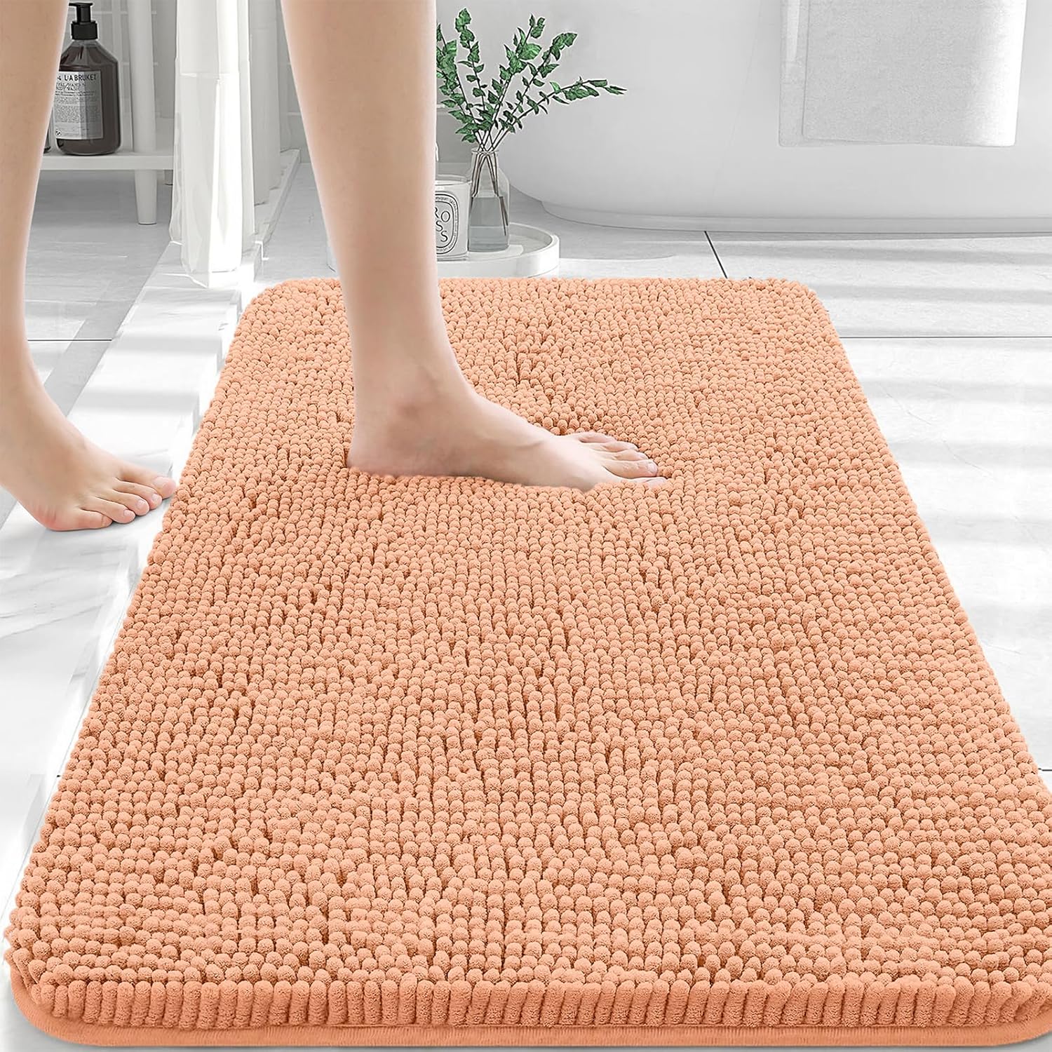 OLANLY Large Bathroom Rugs - Extra Soft Chenille Bath Mats | Quick Dry, Machine Washable, 40x24, Peach