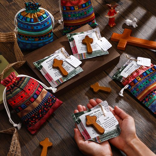 Breling 18 Pcs Mini Prayer Quilt with Cross and Drawstring Bag Inside Handmade Scripture Pocket Prayer Quilt Christian Gifts for Women for Easter Friends Father Family Pastor Appreciation