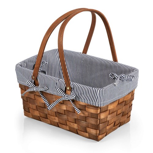 PICNIC TIME Wizard of Oz Kansas Handwoven Wood Picnic Basket, Woven Basket with Tabletop Lid, Large Basket for Picnic, (Navy Blue & White Stripe)