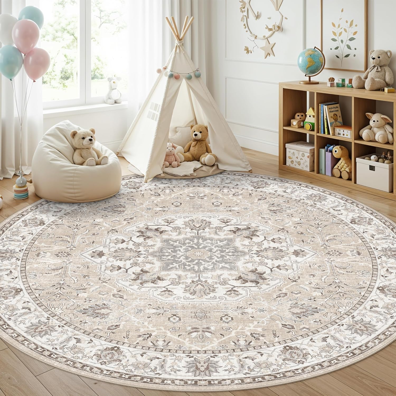 Skiennix Washable 8ft Round Area Rug - Soft, Non-Slip, Stain-Resistant Carpet for Living Room & Bedroom | Beige