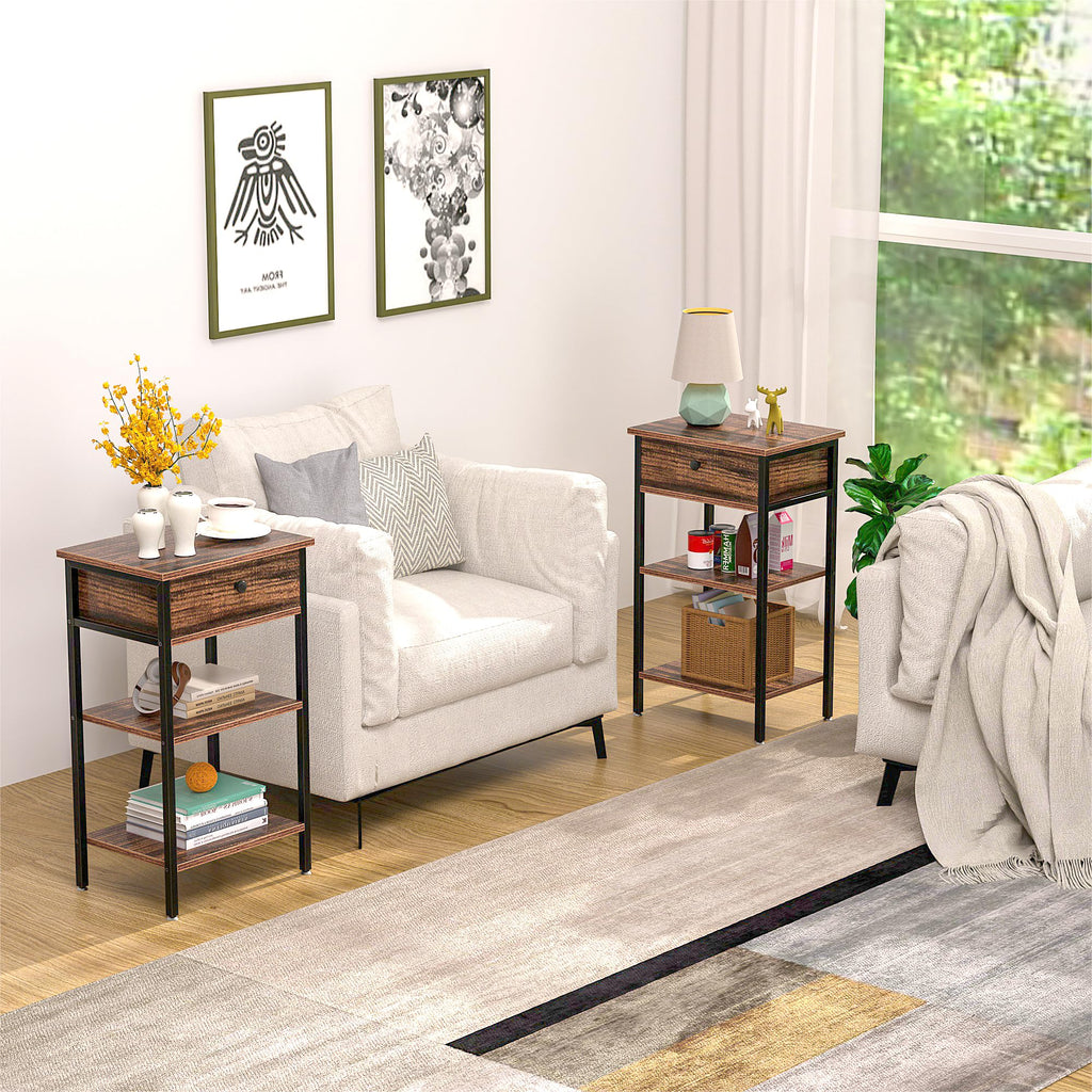 VECELO 28 Inch End Table,Industrial Retro Side Table Nightstand Storage Shelf Tall End Table Easy Assembly Nightstand for Living Room Bedroom Kitchen Family and Office Set of 2,Brown
