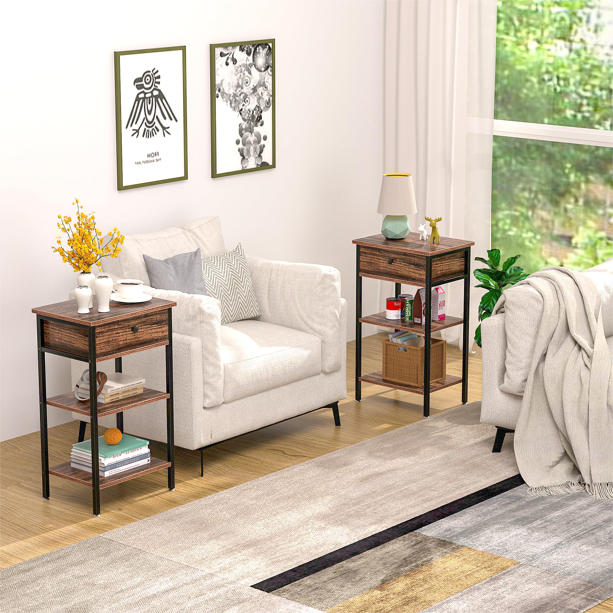 VECELO 28 Inch End Table,Industrial Retro Side Table Nightstand Storage Shelf Tall End Table Easy Assembly Nightstand for Living Room Bedroom Kitchen Family and Office Set of 2,Brown