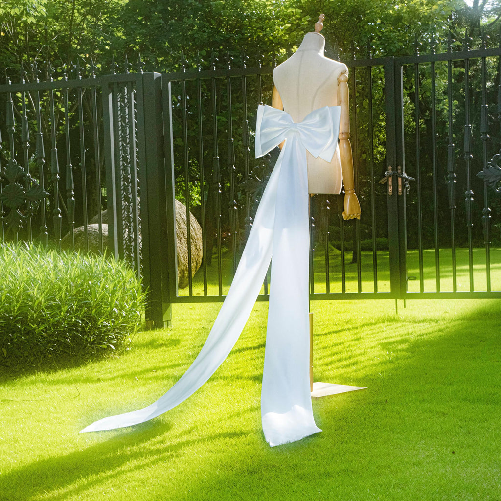 Chuarry Extra Long 67" Satin Bow for Christmas Tree, Detachable Train Removable Sweep Train Waist Sash Belt for Dress(White,Satin Style)