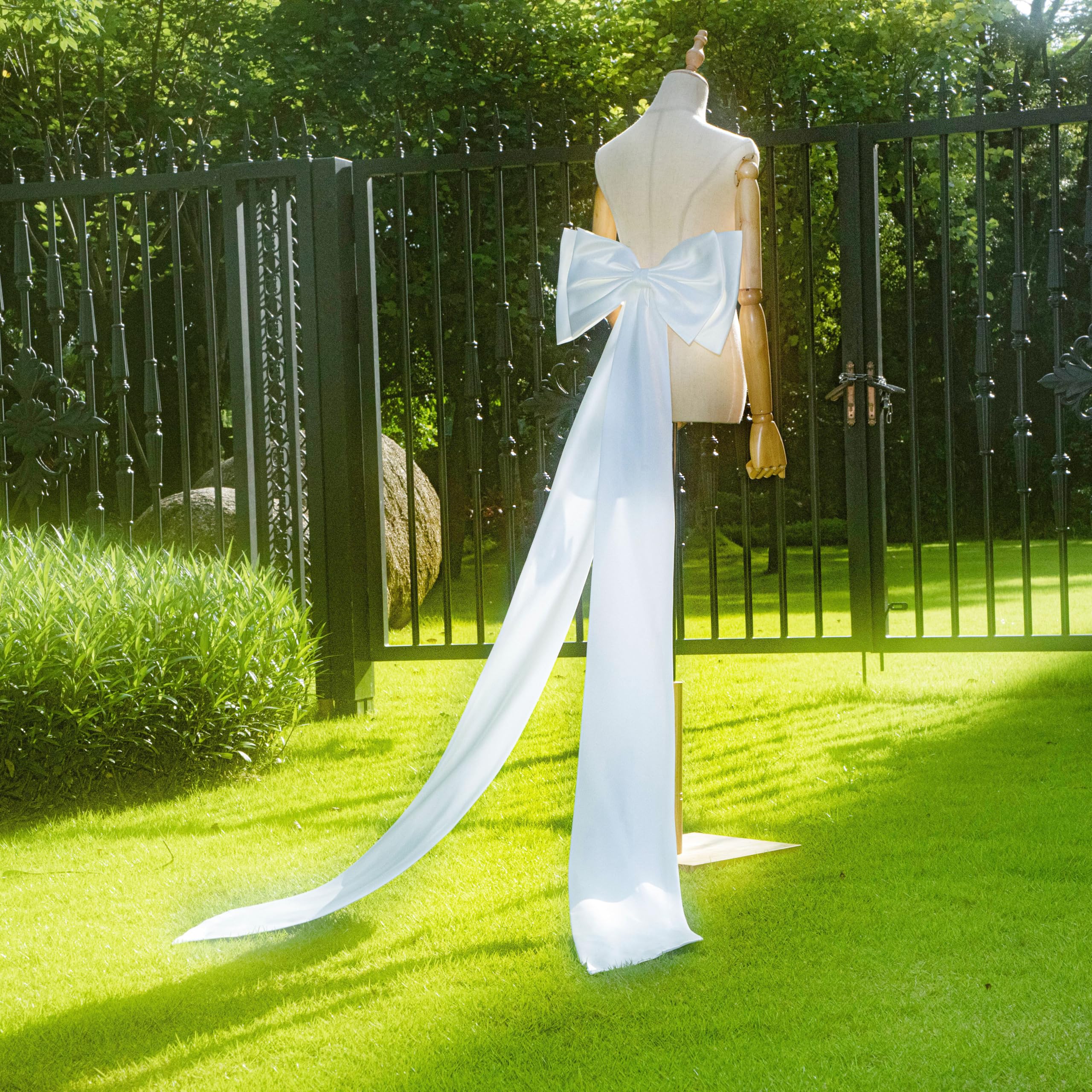 Chuarry Extra Long 67" Satin Bow for Christmas Tree, Detachable Train Removable Sweep Train Waist Sash Belt for Dress(White,Satin Style)