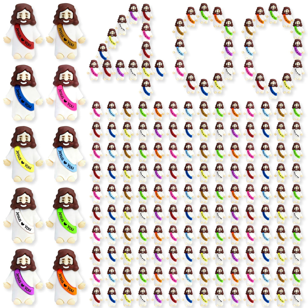 TFengfly 50 Pcs Little Jesus Figures Small Easter Jesus Loves You Toys 10 Colors Mini Rubber Jesus Miniatures to Hide and Seek Religious Gift Party Favors Easter Egg Stuffers Sunday School (50)