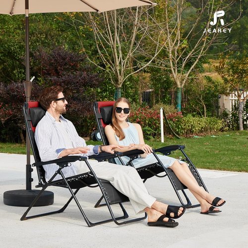 JEAREY Oversized Padded Zero Gravity Chair - Comfortable Folding Lounge Recliner with Headrest & Cup Holder | Black/Red