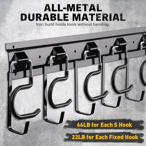 ELEAD 68'' Adjustable Metal Garden Tool Organizer - Wall Mount with Black Hooks for Garage Storage