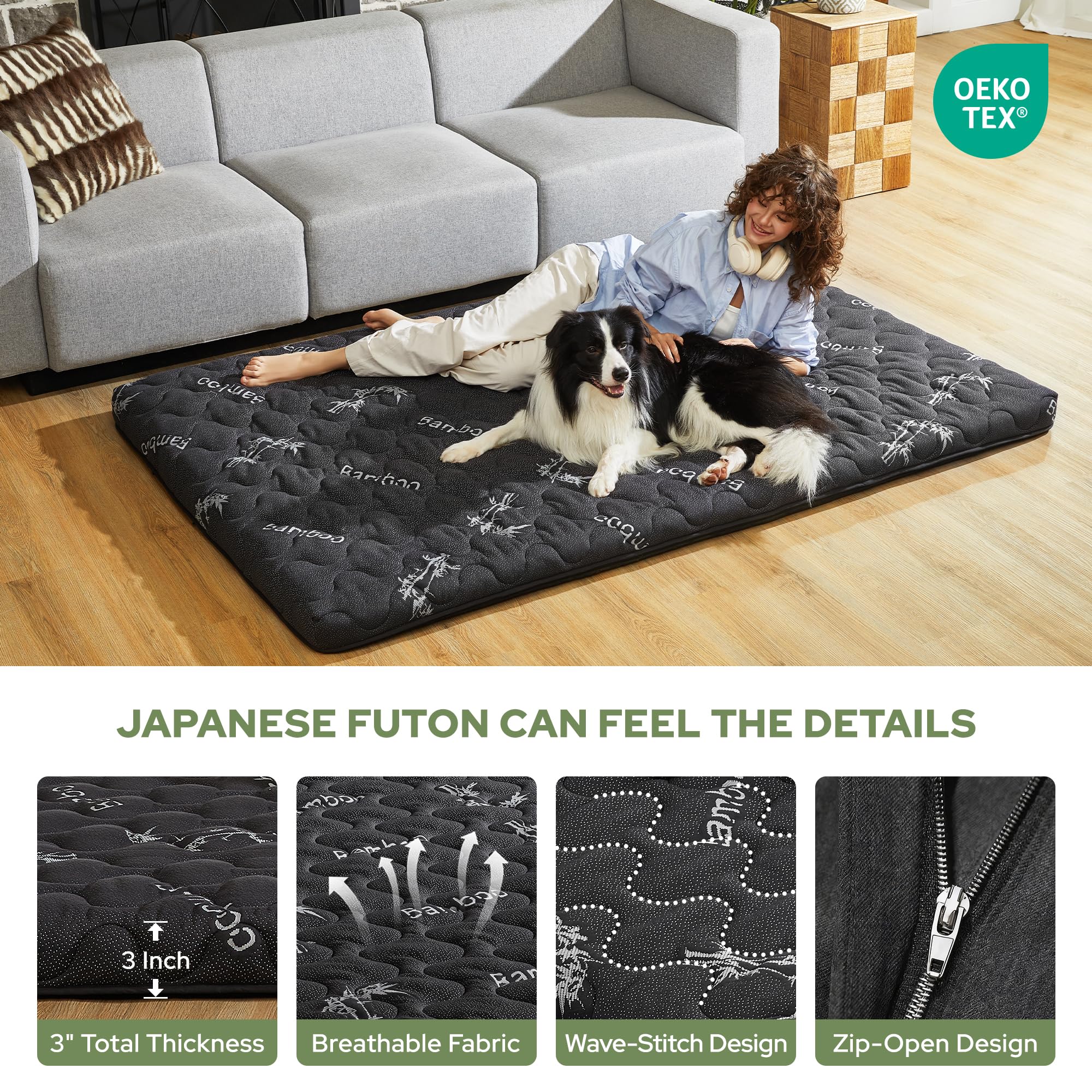 Japanese Floor Mattress Futon Mattress Queen Size Viscose Derived from Bamboo, 3" Thick Tatami Mat with High Density Foam, Foldable & Portable Floor Lounger Bed, Roll Up Sleeping Pad, Guest Room