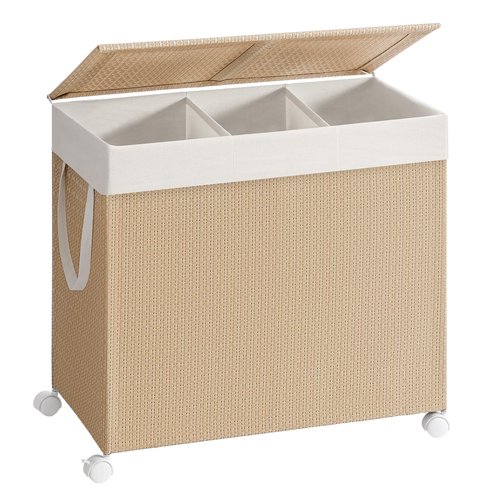 SONGMICS HOME Laundry Hamper with 3 Section, Large 140 L Rolling Laundry Basket with Wheels, Rattan Clothes Basket with Lid, Removable Liner with Handles, Natural Beige and Matte White ULCB602N01