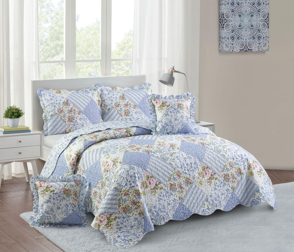Brilliant Sunshine Blue Rose Patchwork Ruffle Pillowshams, Quilted Decorative Pillow Covers Set, Square Throw Cushion Cases for Couch, Reclining Chair, Car, Bed, 18x18, Pack of 2, Blue Rose