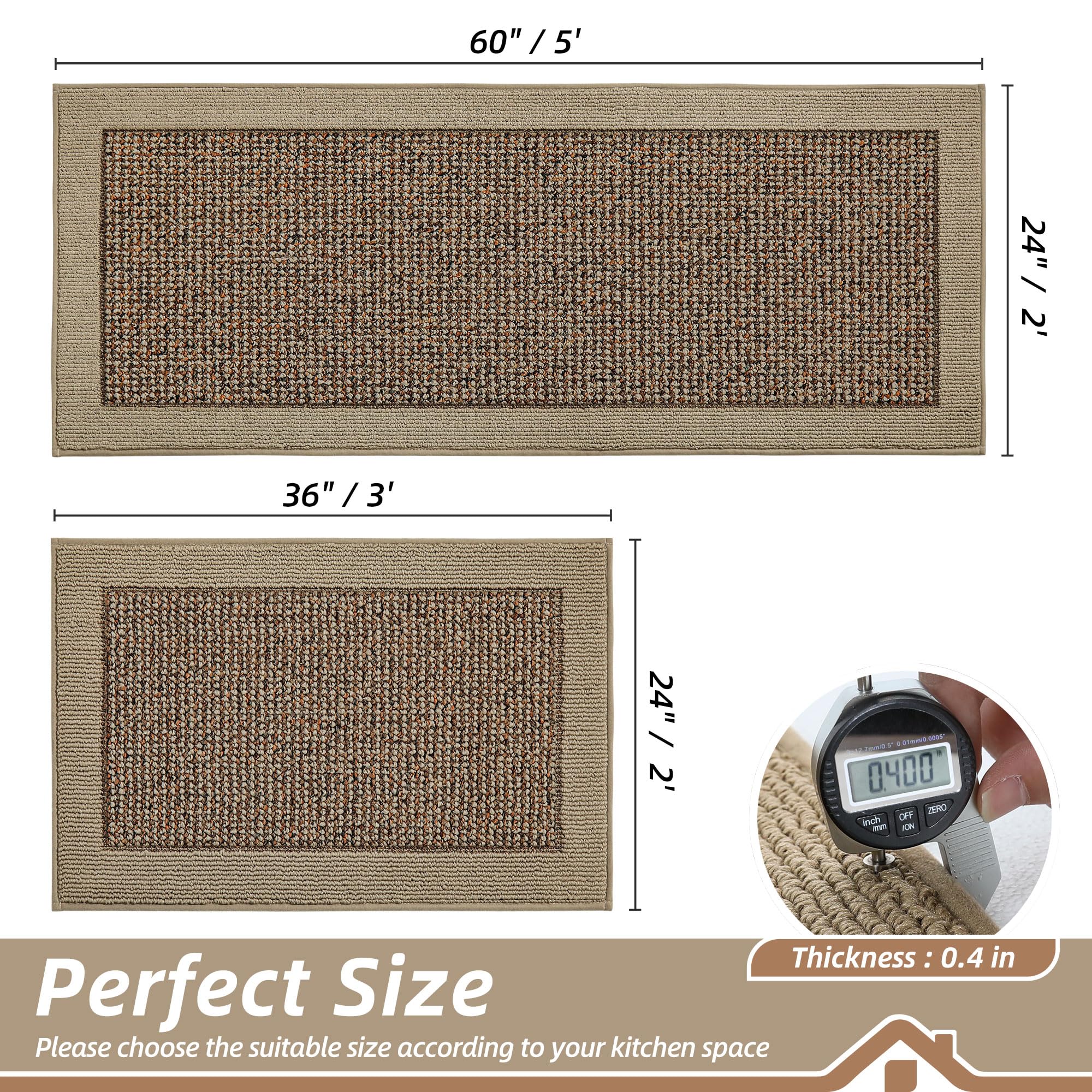 BEQHAUSE Kitchen Rugs and Mats Set of 2 Non-Slip Kitchen Mats for Floor, Absorbent and Stain Resistant Kitchen Runner, Machine Washable Rugs for Kitchen, Laundry & Sink, 24"x36"+24"x60", Taupe