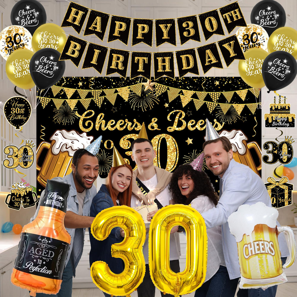 Vlipoeasn 30th Birthday Decorations for Him, Cheers and Beers to 30 Years Decorations for Men, Happy 30th Birthday Decor Kit with Backdrop Banner, King Sash