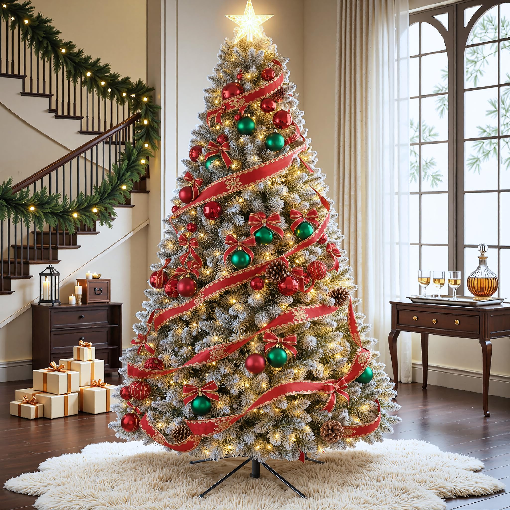 6.5 FT Pre-lit Snow Flocked Christmas Tree Spruce with Remote Control, 270 Warm White Multi-Color Changing LED Lights, Artificial Hinged/Feel Real/Realistic for Home, Dual Color LED