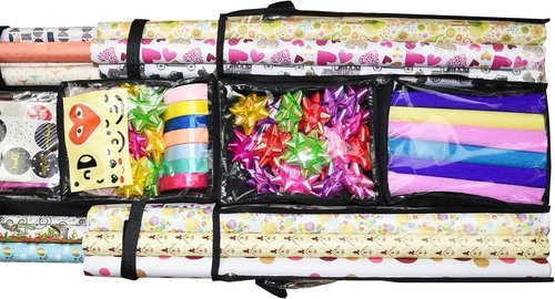 Freegrace Gift Wrap Organizer - Double-Sided 16 x 41 Inch Storage Bag for Wrapping Paper & Ribbons, Beige/Black