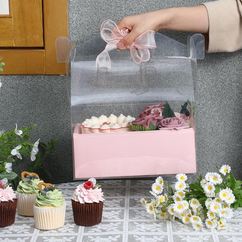 Honeydak 10 Kit 4 Inch Cake and Flower Clear Boxes, Portable Clear Gift Box for Cake Flower Pack Together, Transparent Gift Packaging with Ribbon for Valentine Wedding Holiday Party Favors(Pink)