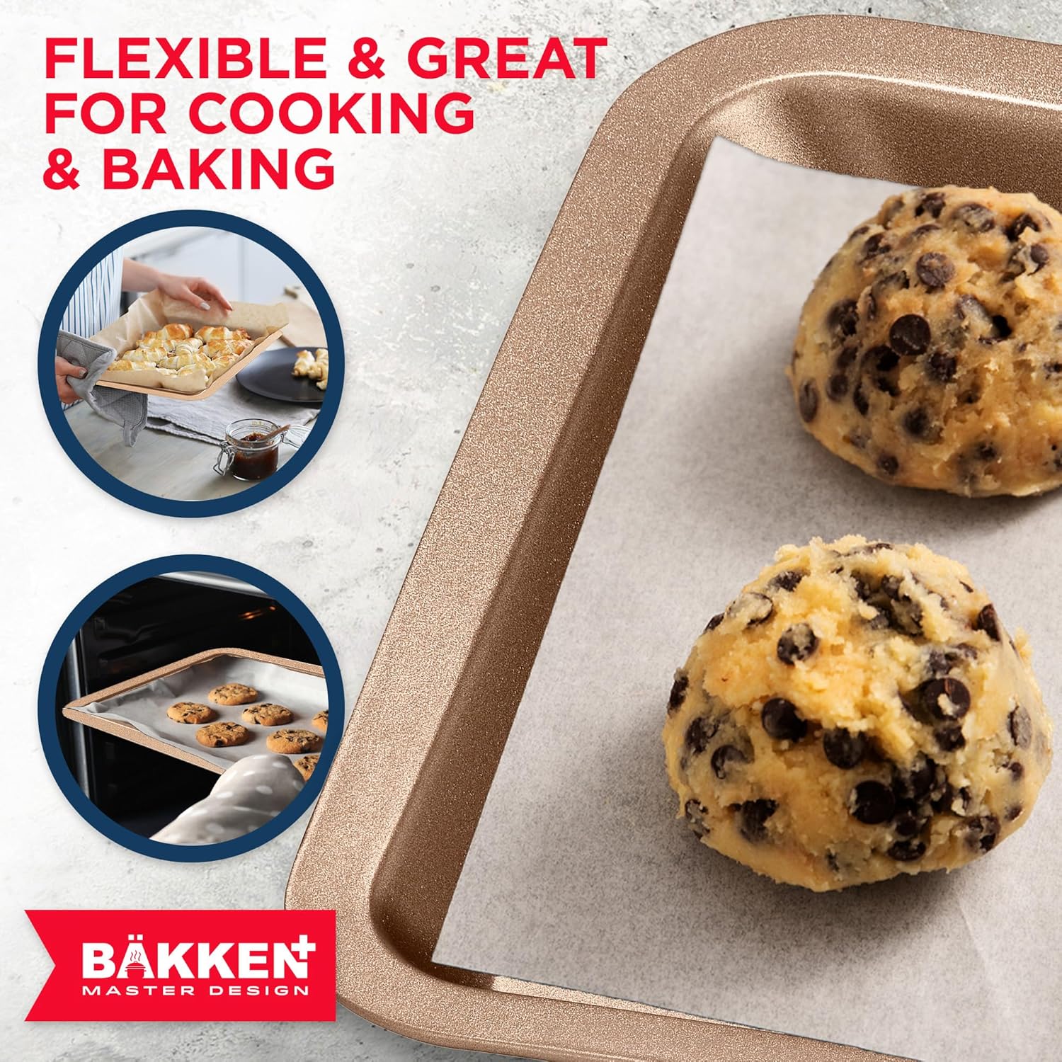 BAKKEN 3-Piece Nonstick Baking Pan Set - Small, Medium & Large Oven Safe Trays, Space-Saving Design, Brown