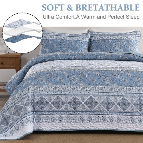 Yiran Blue Boho Quilt Set Queen Size Striped Bedspread Floral Bedding Set 3 Pieces Soft Microfiber Paisley Quilt with 2 Pillow Shams 96" x90''