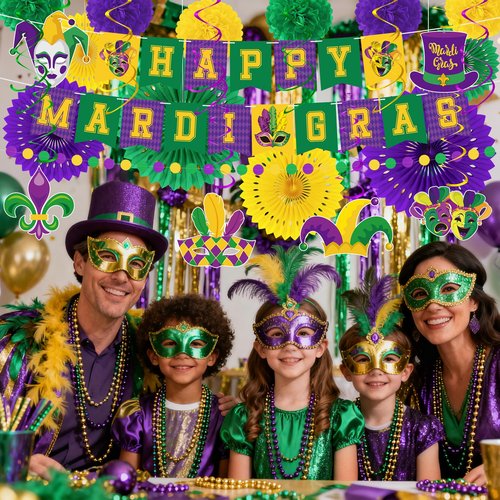 Heartome 25PCS Mardi Gras Decorations, Mardi Gras Party Favors Decor Kit with Paper POMPOM, Happy Carnival Paper Fans Banner Felt Garland, Crown Hanging Swirls for Carnival Party Parade Accessories