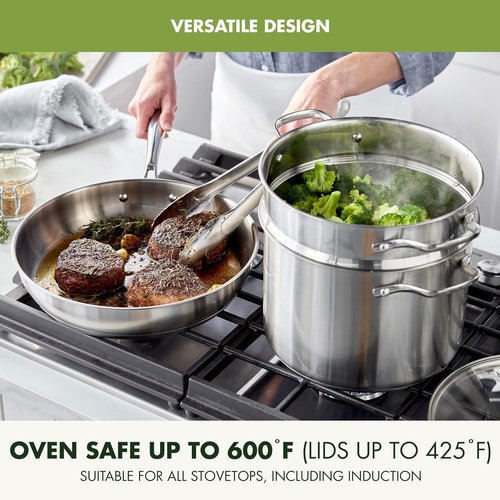 GreenPan Stainless Steel Cookware Set - 11 Piece Induction Cookware | Dishwasher & Oven Safe, 8QT Stock Pot, Silver