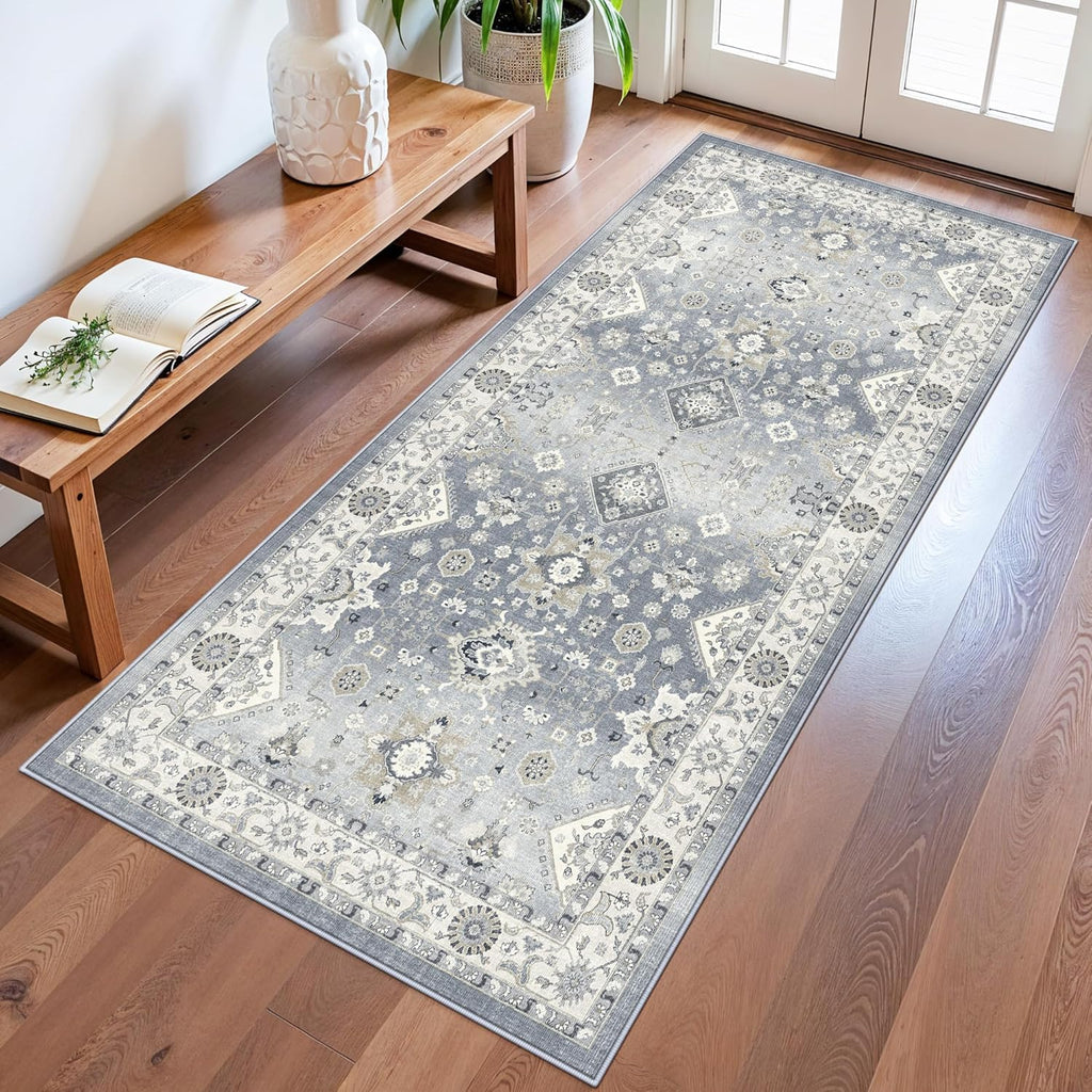 Skiennix Vintage Washable Runner Rug - Non-Slip Soft Carpet for Entryway | 3x6 Grey Stain Resistant Mat