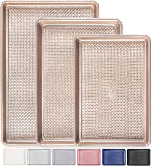 HONGBAKE Nonstick Baking Sheet Pan Set - Heavy Duty Cookie Trays in Champagne Gold | 3 Sizes Included