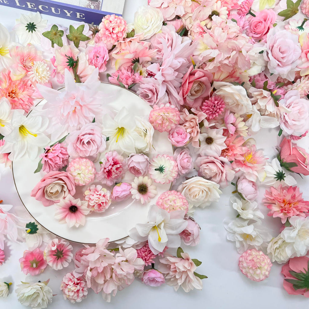 Artificial Pink Flowers Bulk Silk Roses Fake Flowers Heads for Crafts - DIY Home Spring Garden Floral Party Wildflower Garland Hanging Decoration Mini Big Small Faux Fabric Flowers Heads 3-12cm (Pink)