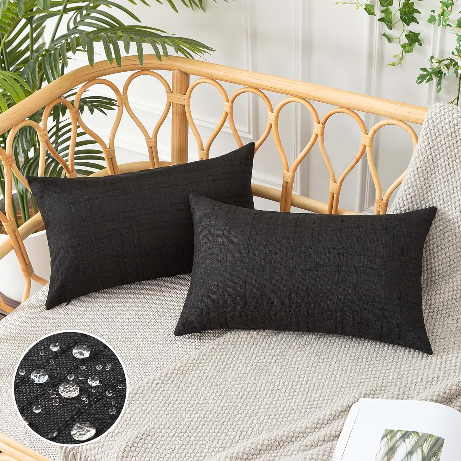 UGASA Outdoor Throw Pillow Covers - Waterproof Plaid Texture | Set of 2, 12x20 Inch, Black for Patio & Garden