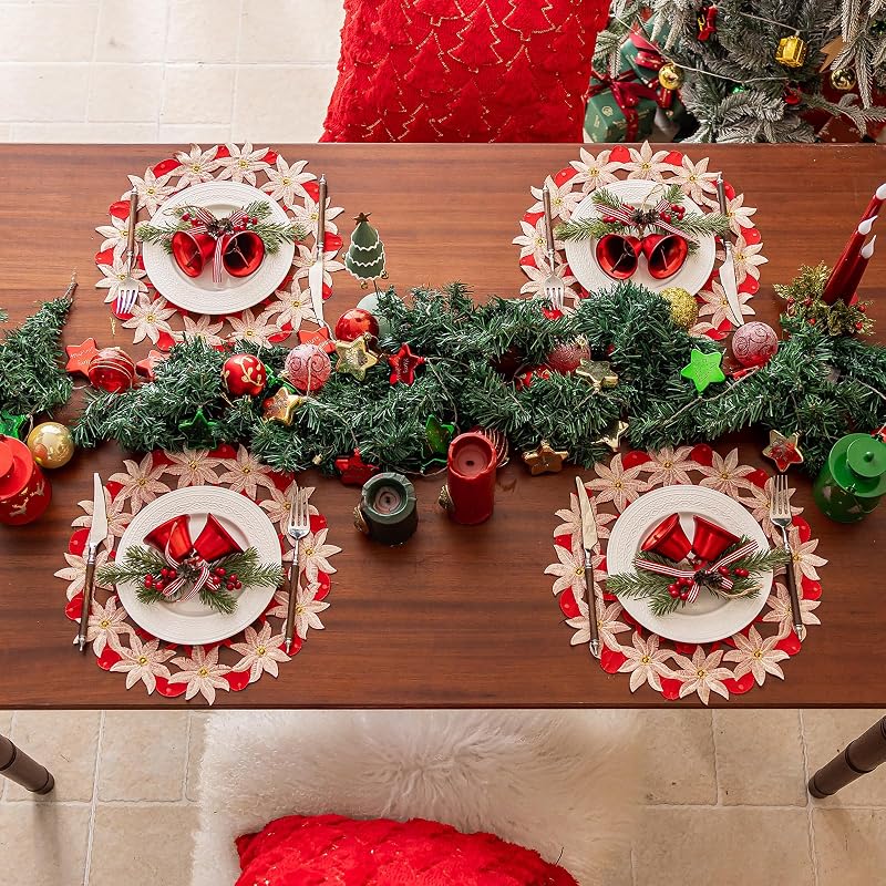 Red Christmas Placemats Set of 4 with Poinsettia Embroidery - 14inch Round, Gold Trim