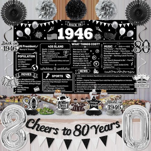 Holkcog 80th Birthday Decorations - Back In 1946 Poster & Banner Set with Balloons, Sash & Fans