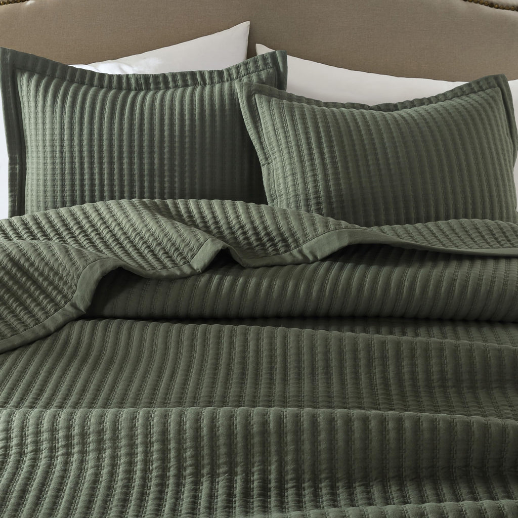 WDCOZY Olive Green Queen Size Quilt Set, Striped Pick Stitch Lightweight Bedspread, Soft Channel Farmhouse Rustic Coverlet, Spring Summer Thin Comforter, Country Bedding, 90x90 inches
