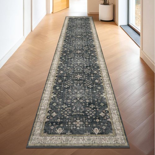 Hazo Haus Black Boho Runner Rug - Washable 3x16 ft, Waterproof, Non-Slip, Stain & Fade Resistant