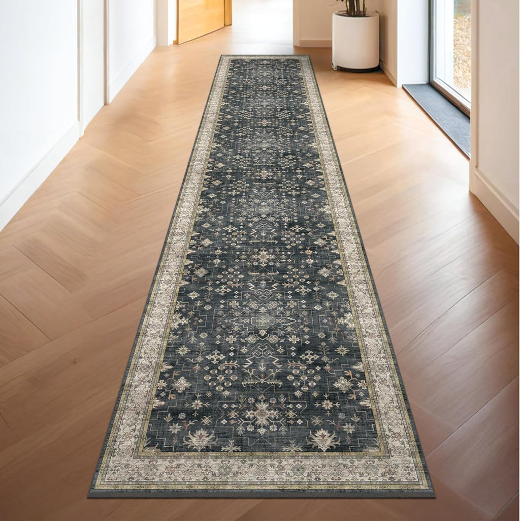 Skiennix Black Boho Washable Hallway Runner Rug - Extra Long Non-Slip Carpet for Kitchen, Bathroom & Entryway
