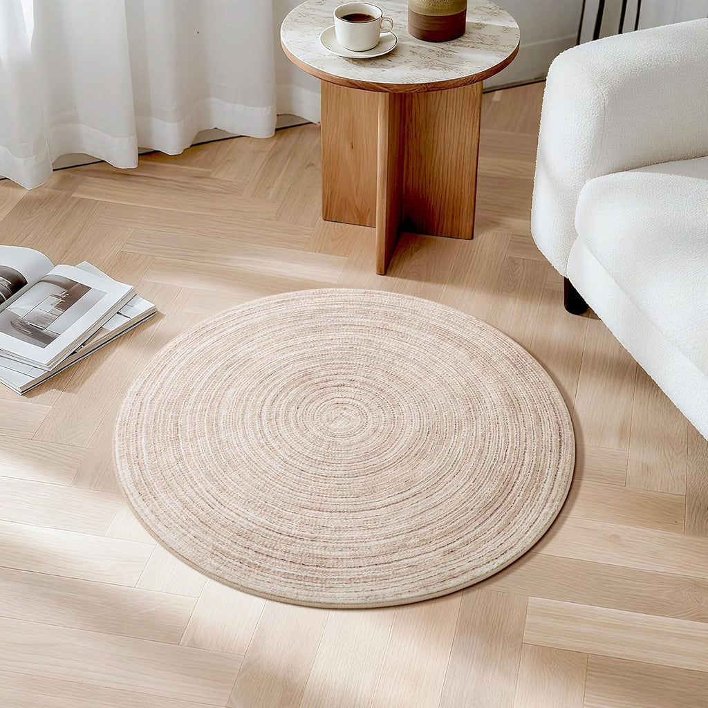 Asrug Faux Jute Round Rug - Soft, Washable Non-Slip Area Rug | 2ft Khaki Circle Rug for Kitchen & Living Room