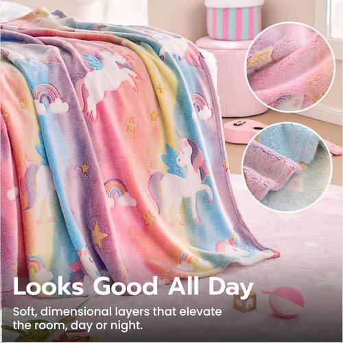 Joiedomi Glow in The Dark Blanket - Unicorns Gifts Toys for Girls Age 2 3 4 5 6 7 8 9 10 11 12 Year Old - Soft Cozy Flannel Kids Throw Blanket, Birthday Bedroom Decor 50"×60"