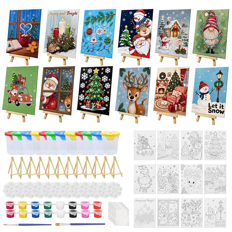 Christmas Pre-Drawn Canvas Sip & Paint Kit – 84 Pieces (12 Patterns)