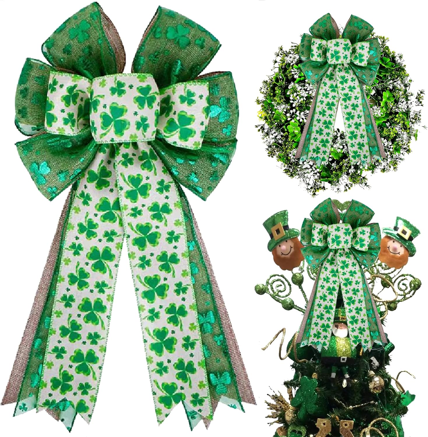 Skiennix St. Patrick's Day Bow - Large Burlap White & Green Glitter Shamrock Wreath Decoration