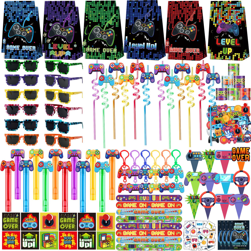 PLOUGVI 320PCS Video Game Party Favors for Kids-Including Goodie Bags, Glasses, Straws, Bubble Wands, Stickers, Cake Toppers, Tattoos & More-Perfect for Theme Party Decorations & Piñata Fillers