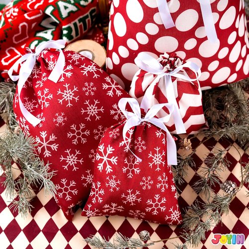 JOYIN Fabric Gift Bags - Elegant Red Design | 6-Pack in 3 Sizes for Holiday Present Giving