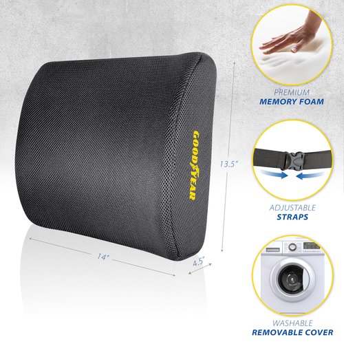 Goodyear Ergonomic Lumbar Support Pillow for Office Chair, Gaming Chair, or Car, Memory Foam Cushion with Ventilated Mesh and Adjustable Strap for Long Lasting Comfort