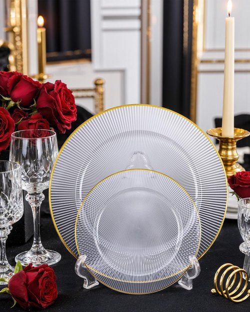 Hioasis 60pcs Clear and Gold Plastic Plates - Clear Disposable Dinnerware Set, 30pcs Dinner 10.25in & 30pcs Dessert 7.5in Plates with Striped Designs for Party & Wedding