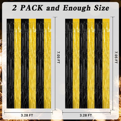 2 Pack Black and Gold Foil Fringe Curtains by [Brand Name] - Graduation Backdrop | 3.28 FT x 7.05 FT Party Decorations for Class of 2026
