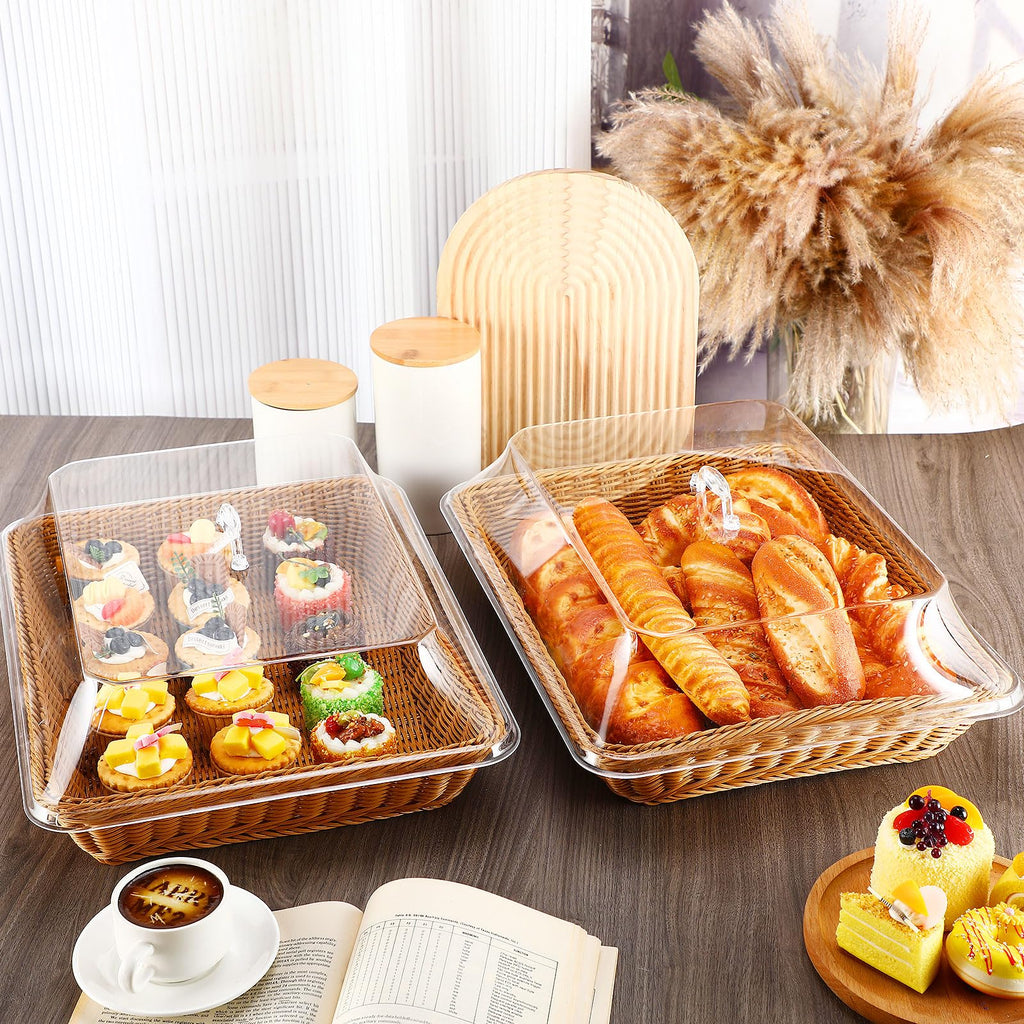 Mumufy 2 Pack Wicker Large Bread Basket with Acrylic Lid Housewarming Gift Woven Rectangular Imitation Rattan Fruit Basket with Cover for Serving Food Display Tabletop Home Kitchen(17.72x13.78'')