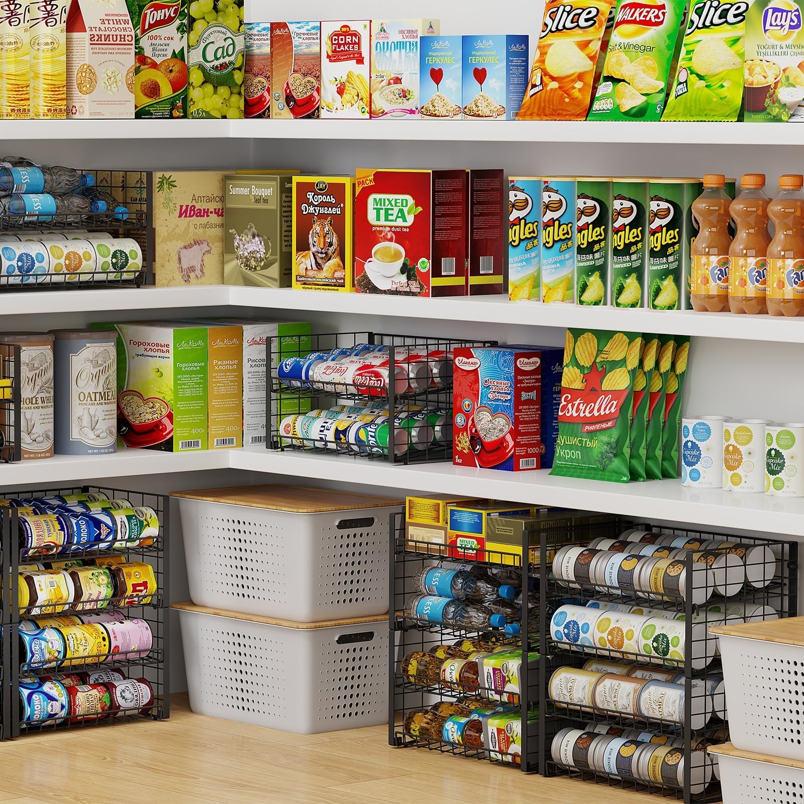 Sbanmao 2-Pack Stackable Can Organizer for Pantry, Adjustable Can Holder Rack for Canned Food Soda Drink Goods Storage up to 36 Cans Storage, 2 Tier, Black