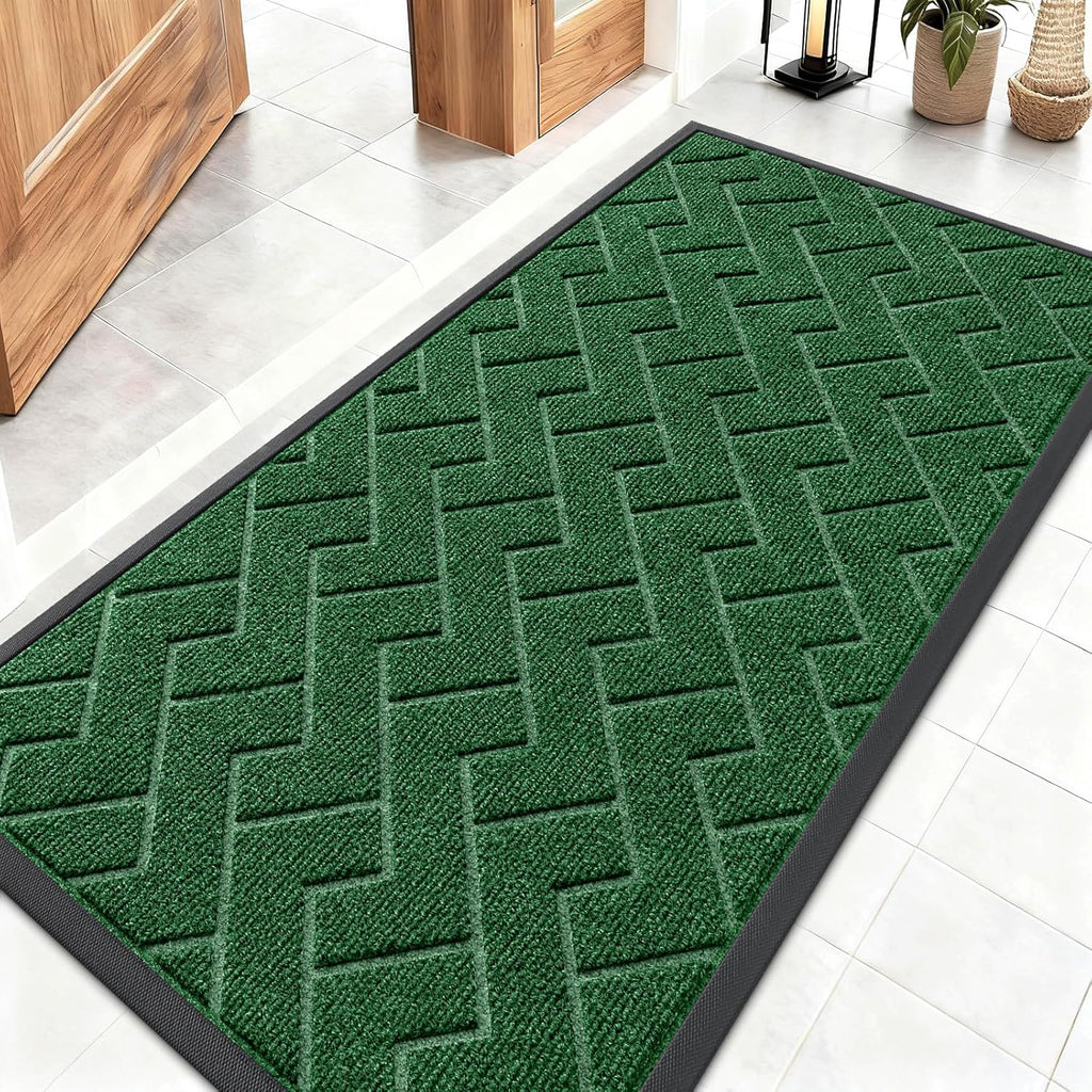 OLANLY Waterproof All-Season Front Door Mat - Sturdy Natural Rubber, Low Profile, Herringbone Brick (Green, 47x23)