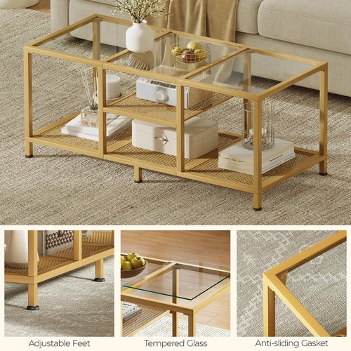 JARHETUN Glass Coffee Table, Coffee Tables for Living Room, Small Center Table, Modern Coffee Table with Open Storge&Metal Frame, Rectangular Coffee Tables for Small Space, Home Office, Gold
