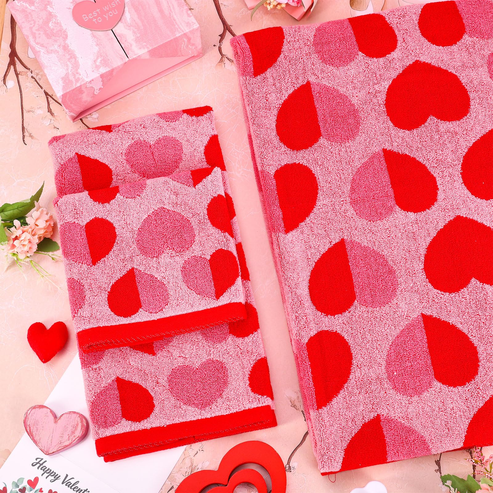 Whaline Valentine's Day Bath Towels Set of 6 Jacquard Cotton Bathroom Towel Red Pink Heart Hand Towel Wash Cloth for Holiday Hand Drying Shower Supplies