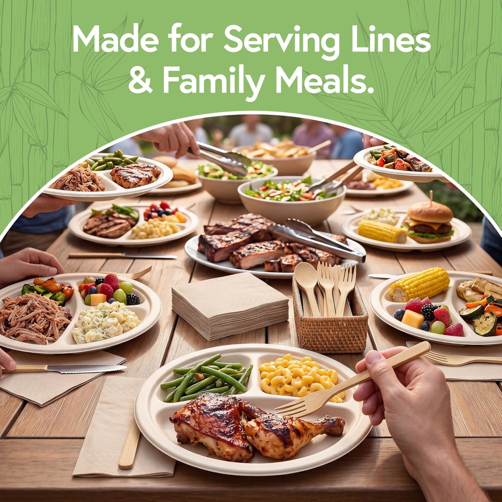 Jenvita Bamboo Paper Disposable Plates with Compartment (500-Pack, 9-inch) - Sturdy & Microwave Safe | Disposable Sectioned Plates | PFAS Free, Biodegradable | FSC Certified Alternative to Plastic